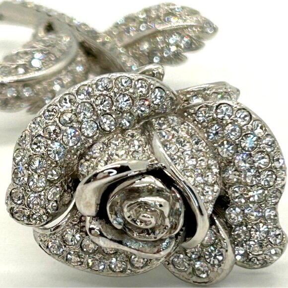 Nolan Miller Rose Brooch, 2002 Anniversary Silver-tone Pave Crystal Rhinestones. - Picture 5 of 16